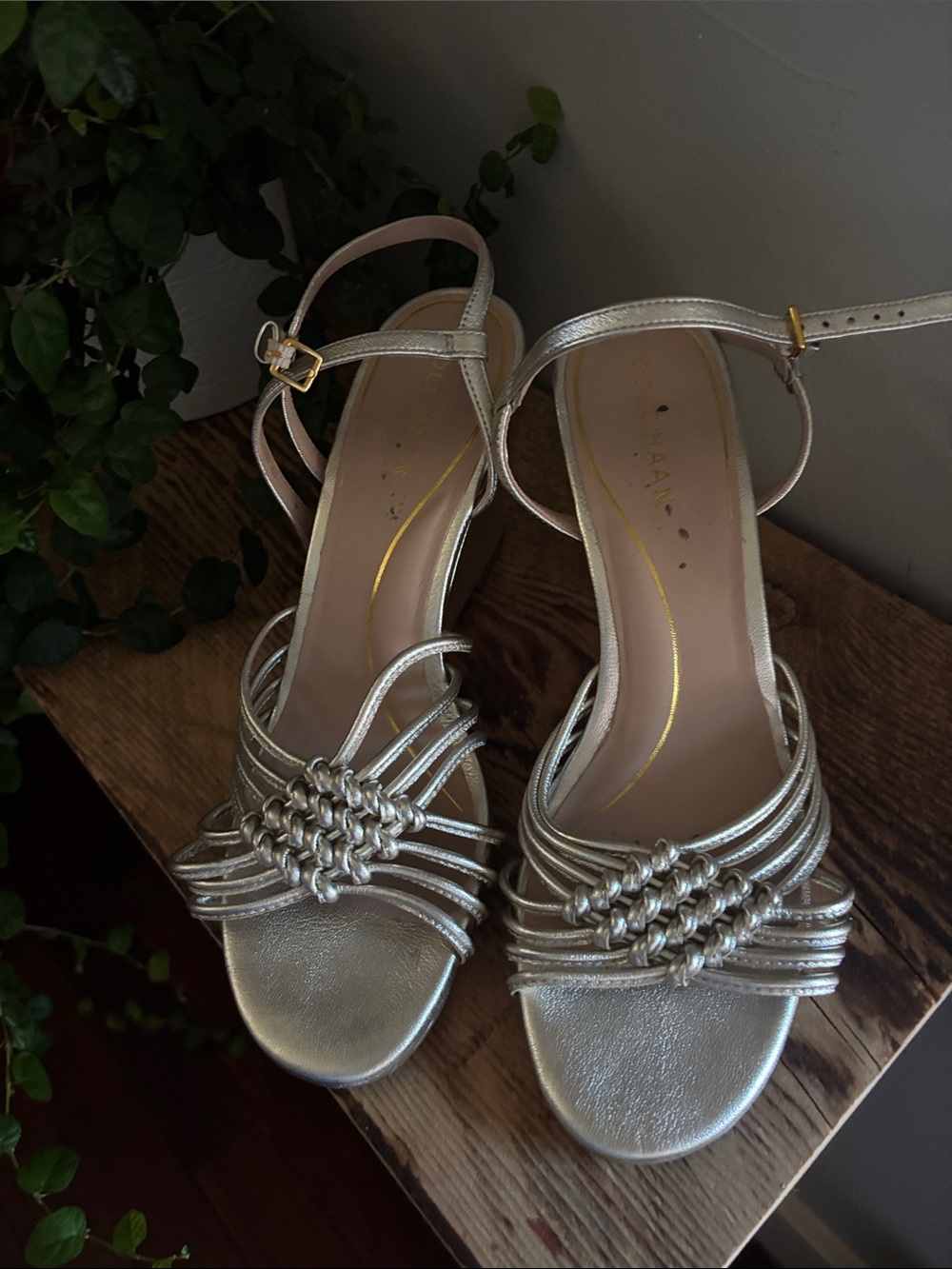 Cole Haan Metallic Strappy Women's Sandals - Elegant Evening Heel - soft gold